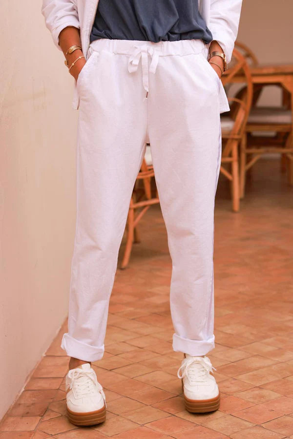 White Satin Trim Ponte Knit Pull-On Pants