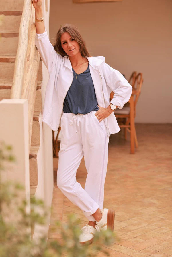 White Satin Trim Ponte Knit Pull-On Pants