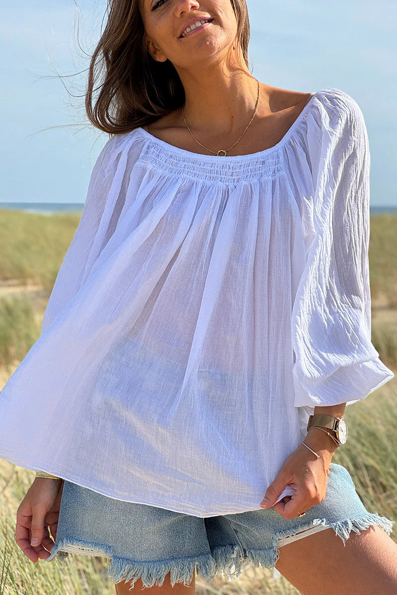 White Shirred Cotton Peasant Blouse