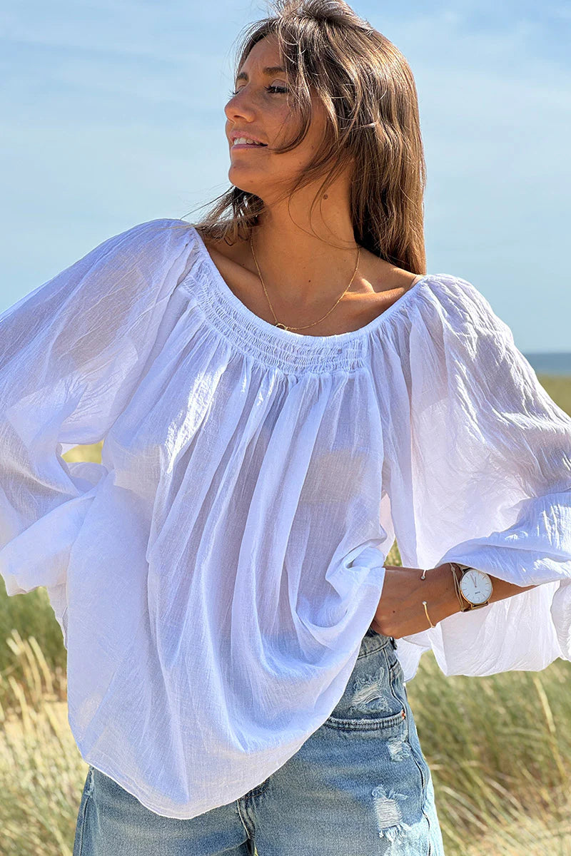 White Shirred Cotton Peasant Blouse