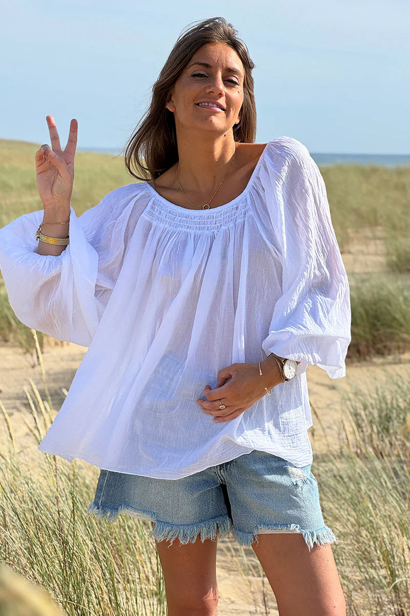White Shirred Cotton Peasant Blouse