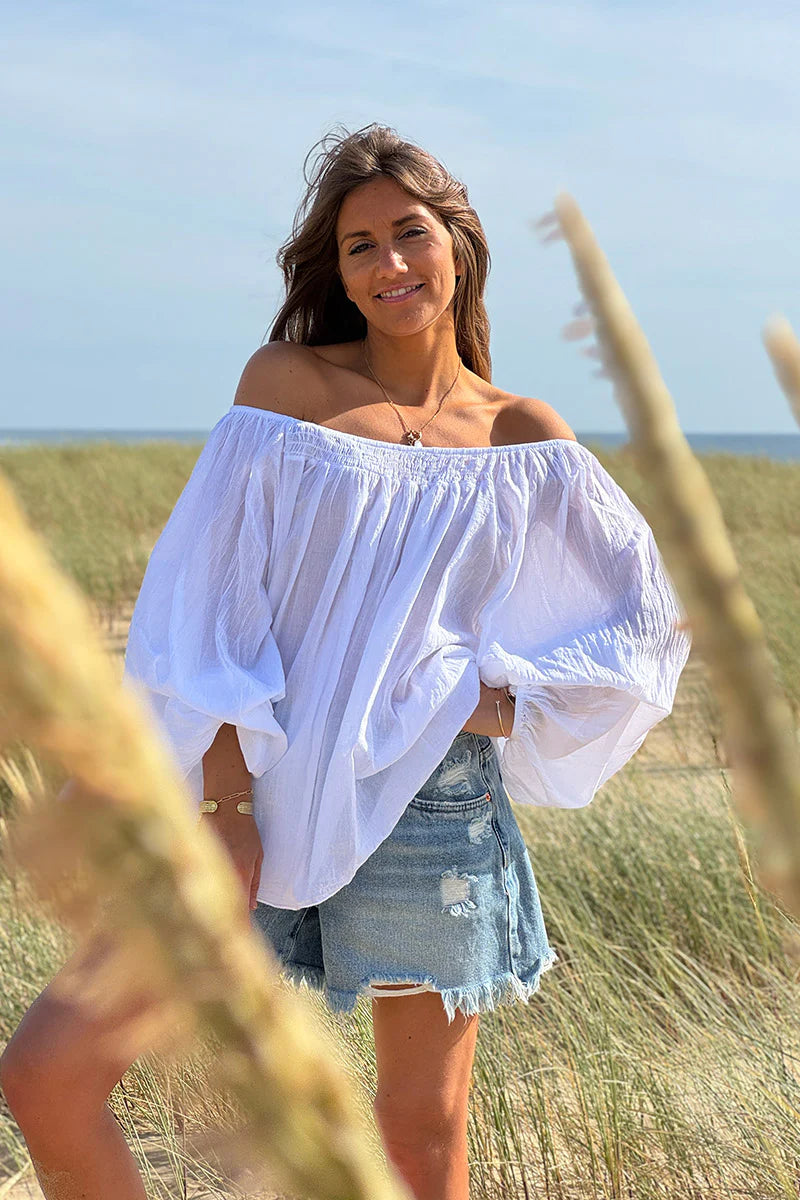 White Shirred Cotton Peasant Blouse