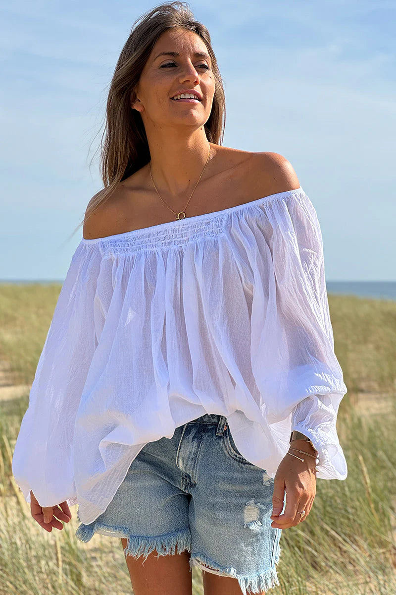 White Shirred Cotton Peasant Blouse