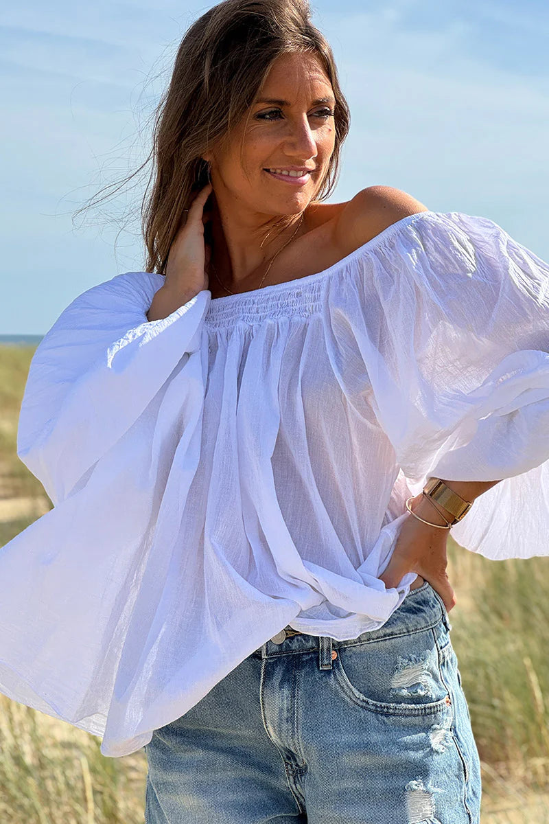White Shirred Cotton Peasant Blouse
