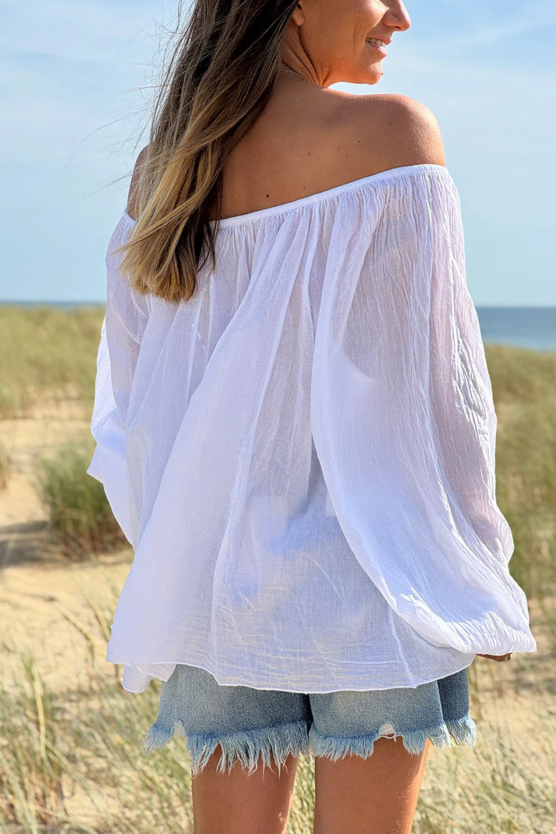 White Shirred Cotton Peasant Blouse