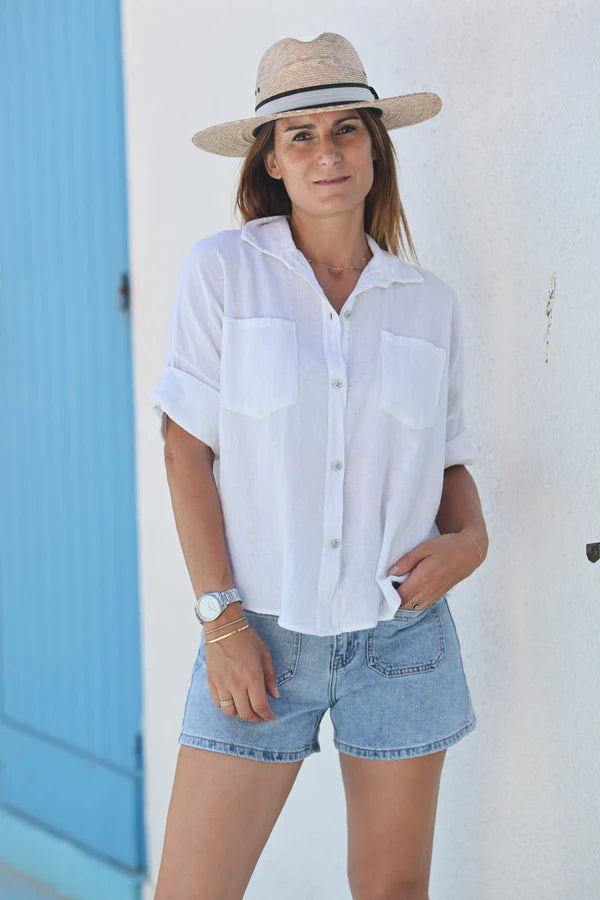 White soft cotton blouse with 3/4 sleeves and large pockets