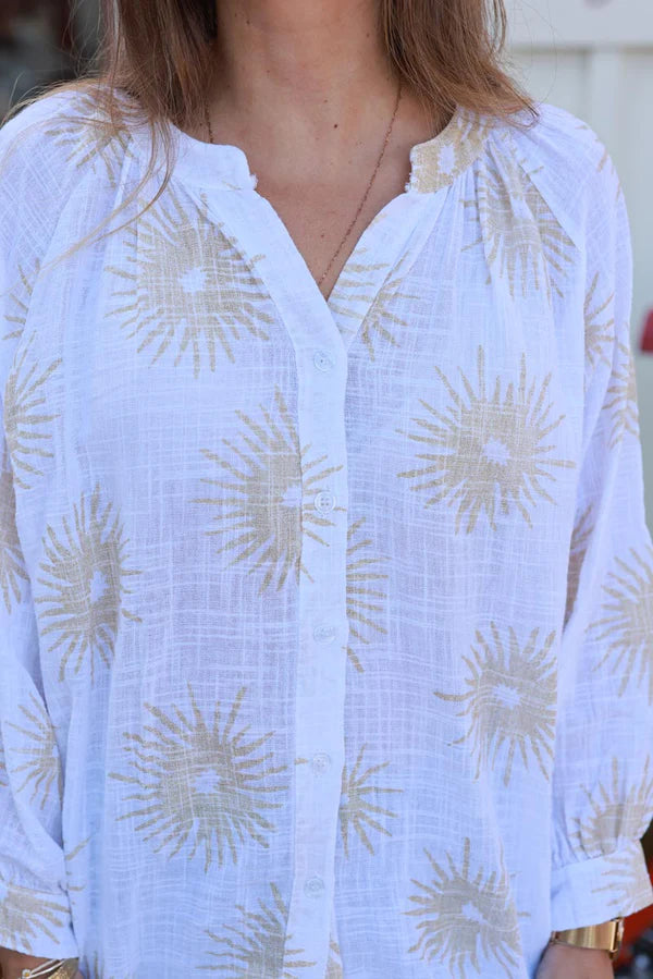 White Starburst Cotton Boho Button-Down Blouse