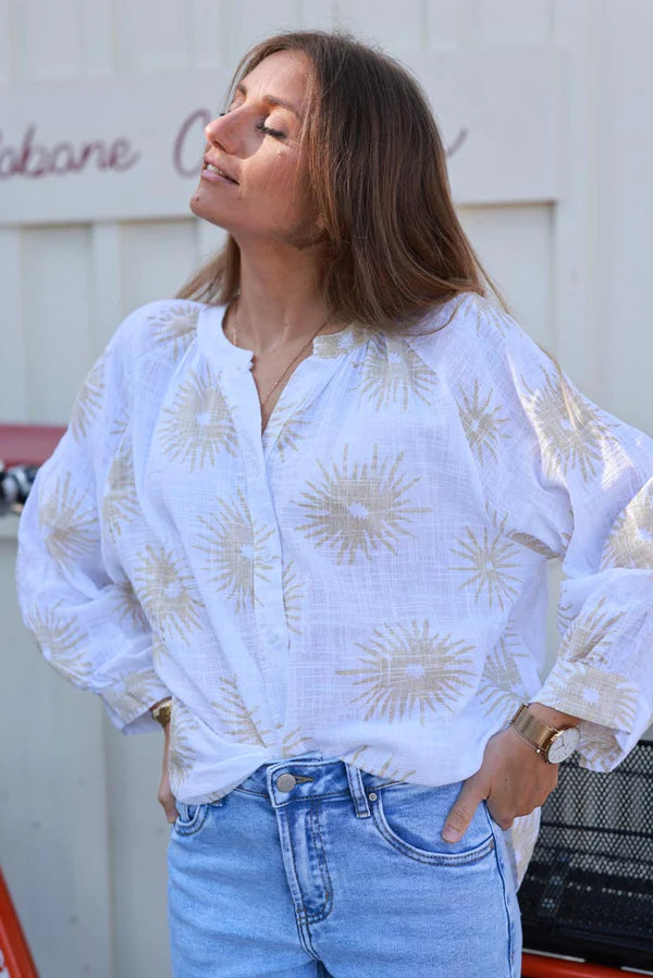 White Starburst Cotton Boho Button-Down Blouse