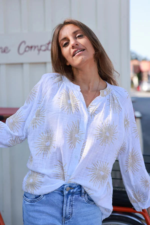 White Starburst Cotton Boho Button-Down Blouse
