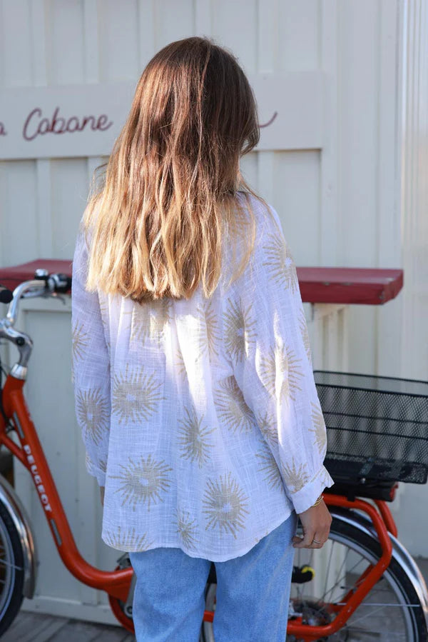 White Starburst Cotton Boho Button-Down Blouse