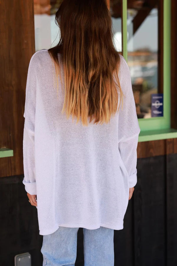 White Textured Palm Slouchy Knit Sweater