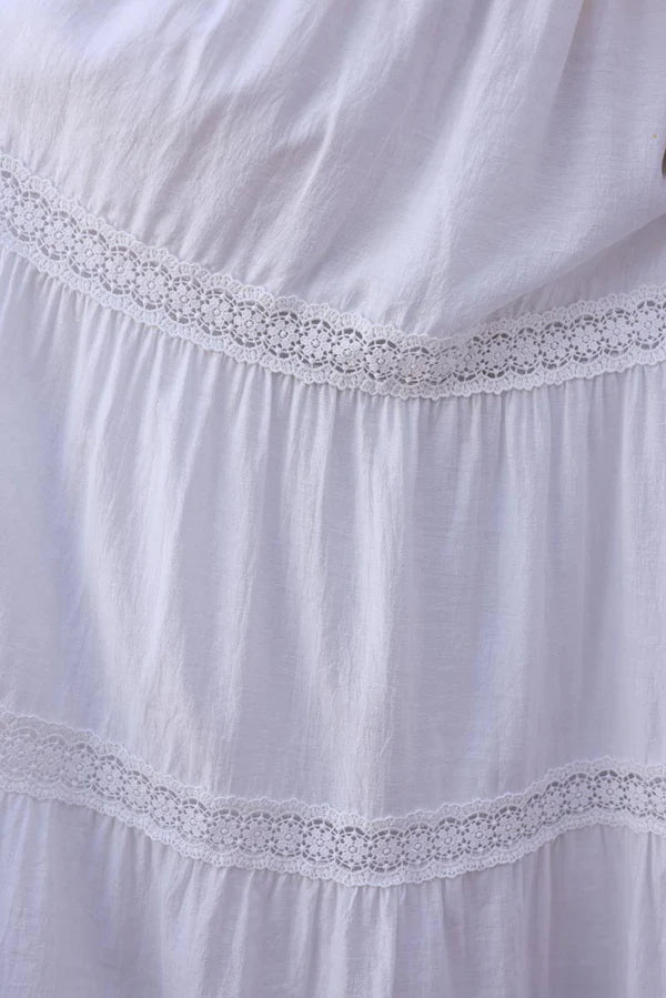 White Tiered Lace Trim Viscose Maxi Skirt