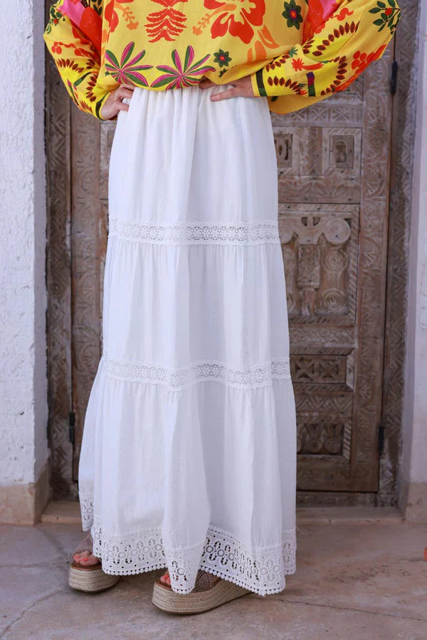 White Tiered Lace Trim Viscose Maxi Skirt