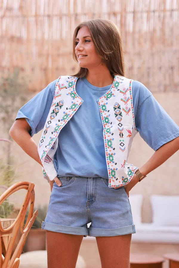 White Tribal Embroidered Denim Vest