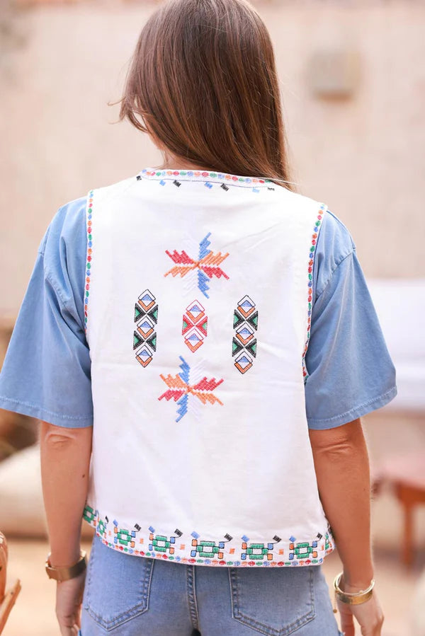 White Tribal Embroidered Denim Vest