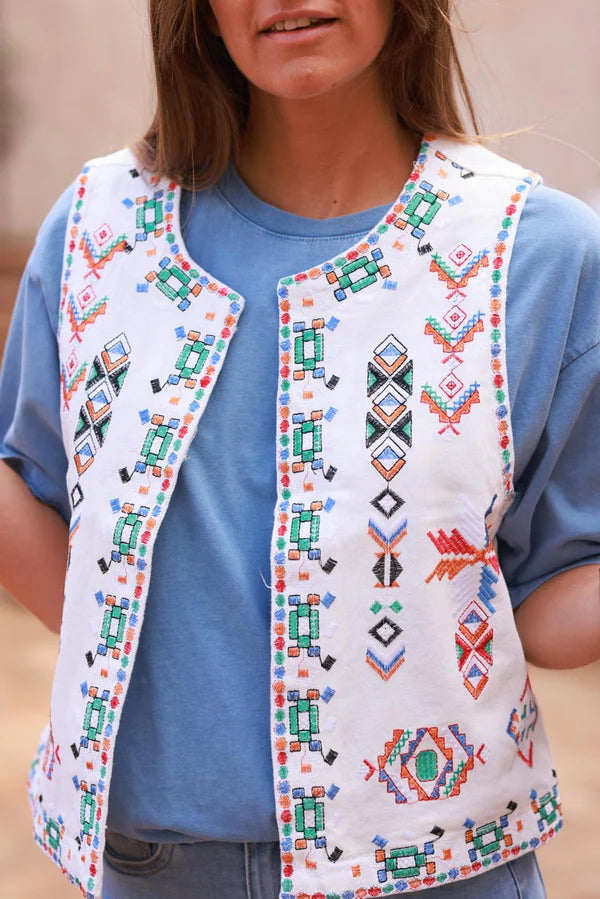 White Tribal Embroidered Denim Vest