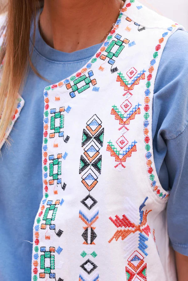 White Tribal Embroidered Denim Vest