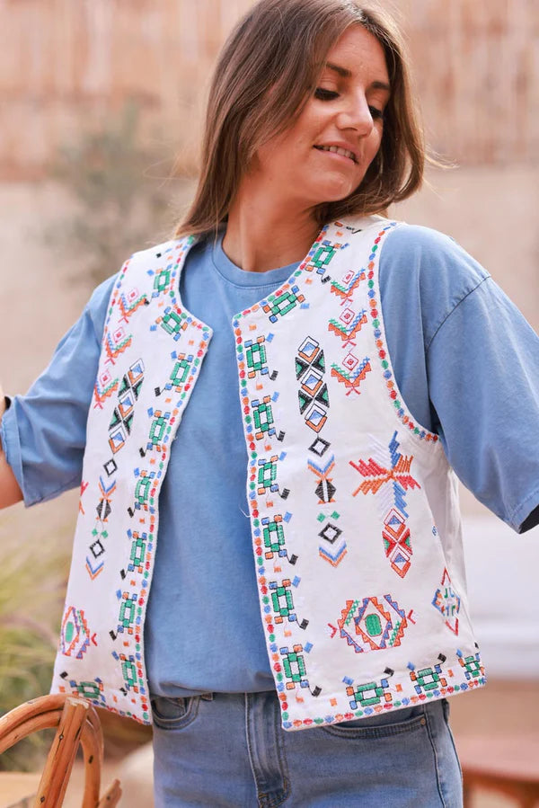 White Tribal Embroidered Denim Vest