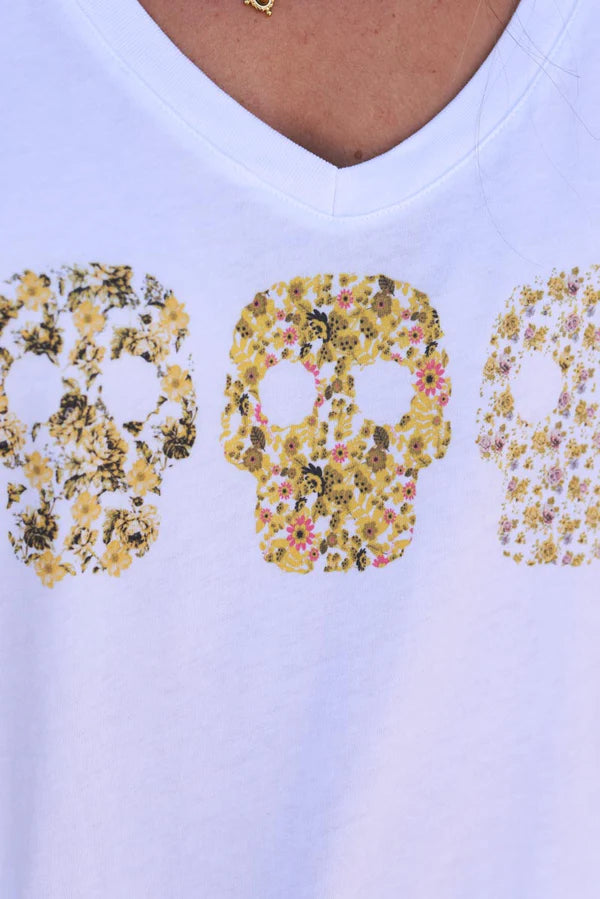 Yellow Floral Skulls V-Neck Tee