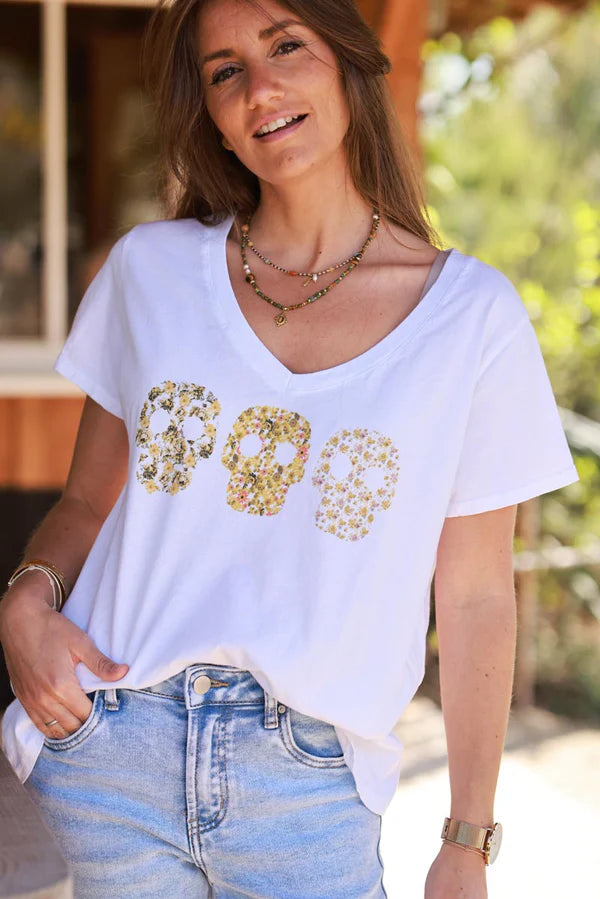 Yellow Floral Skulls V-Neck Tee