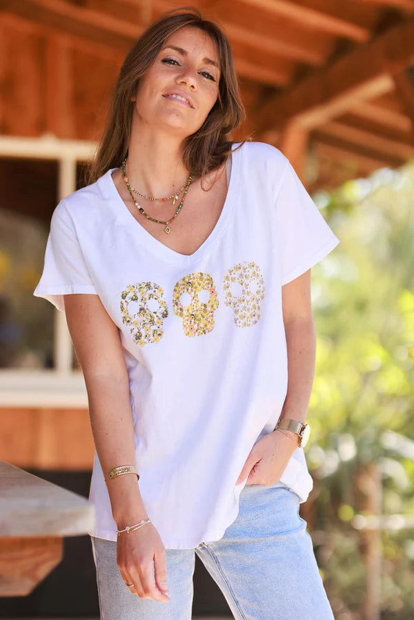 Yellow Floral Skulls V-Neck Tee