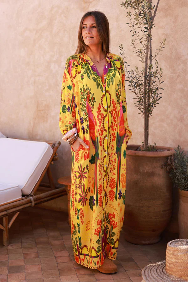 Yellow Jungle Parrot Print Maxi Dress