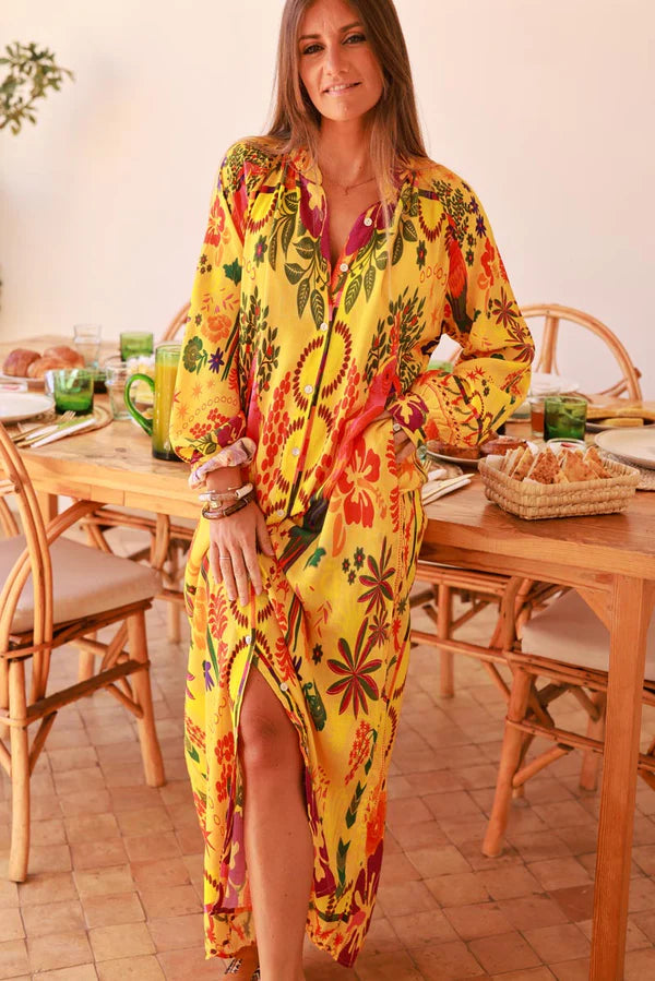 Yellow Jungle Parrot Print Maxi Dress