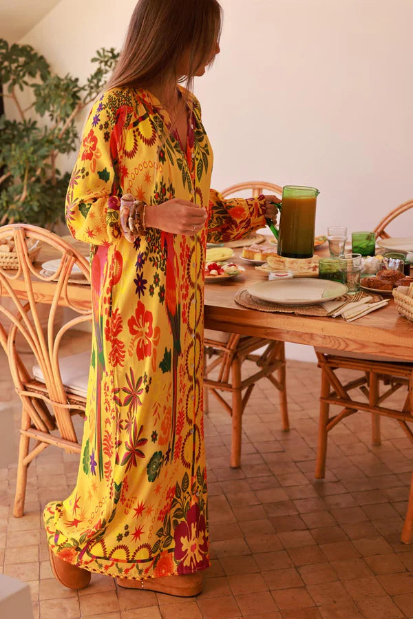 Yellow Jungle Parrot Print Maxi Dress