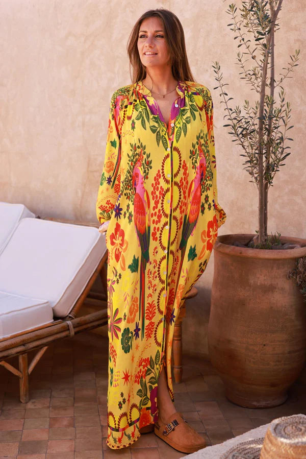 Yellow Jungle Parrot Print Maxi Dress
