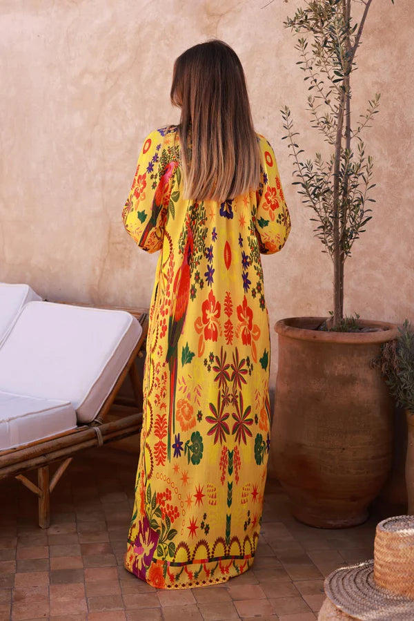 Yellow Jungle Parrot Print Maxi Dress