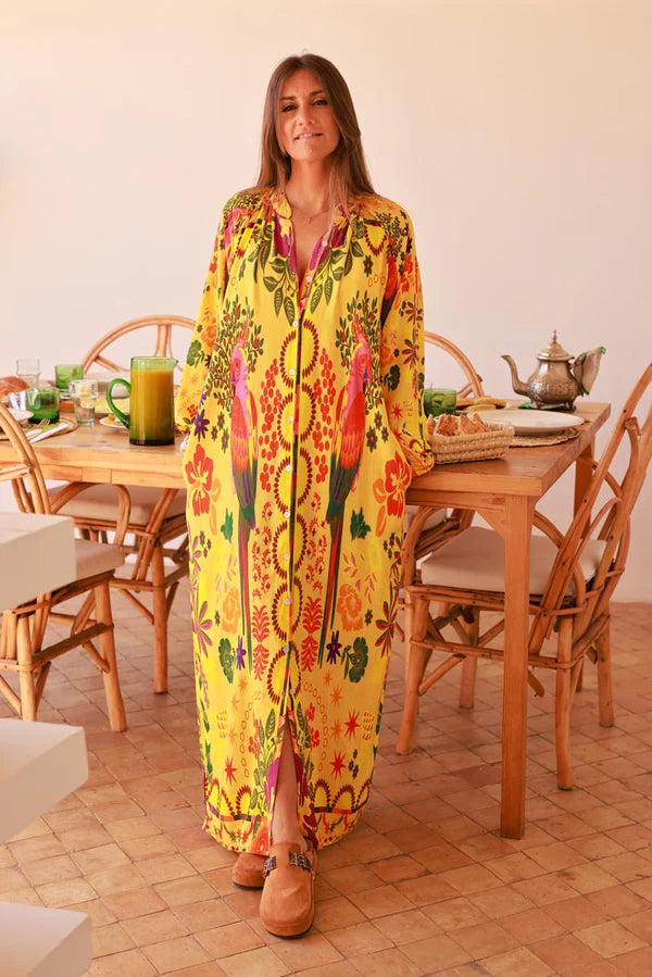 Yellow Jungle Parrot Print Maxi Dress