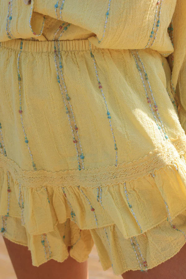 Yellow layered frill woven cotton skort with metallic and colored threads