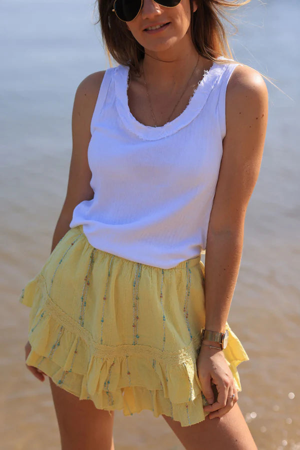 Yellow layered frill woven cotton skort with metallic and colored threads