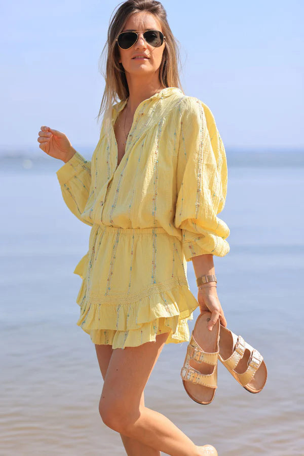 Yellow layered frill woven cotton skort with metallic and colored threads