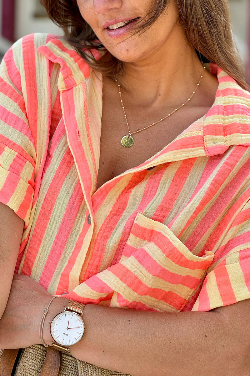 Yellow Neon Stripe Button-Down Cabana Dress