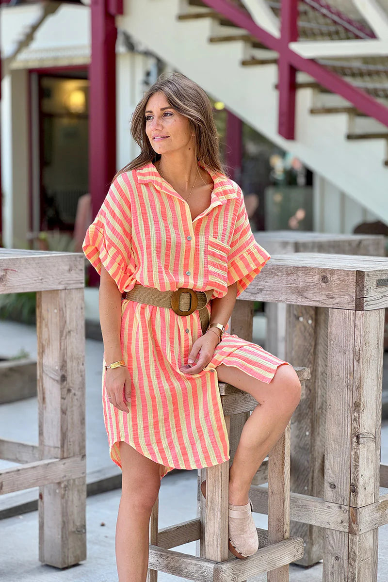 Yellow Neon Stripe Button-Down Cabana Dress
