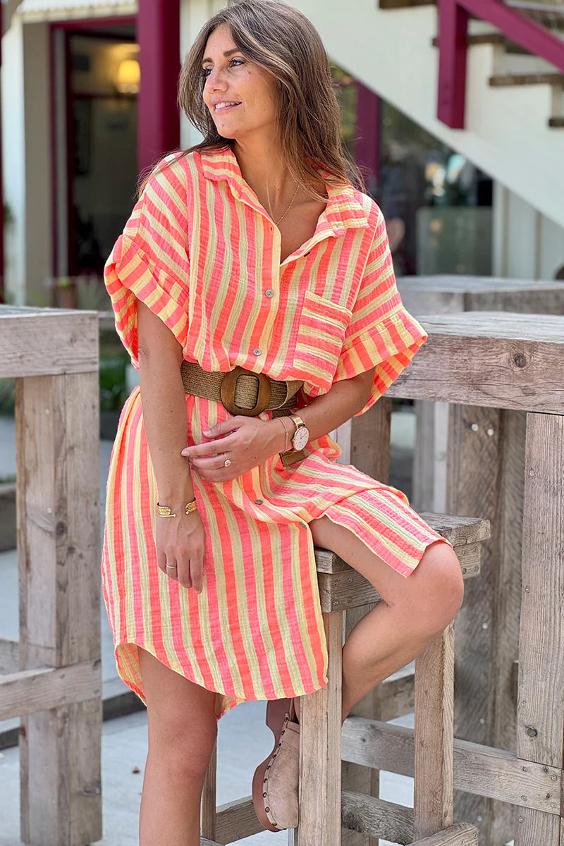 Yellow Neon Stripe Button-Down Cabana Dress