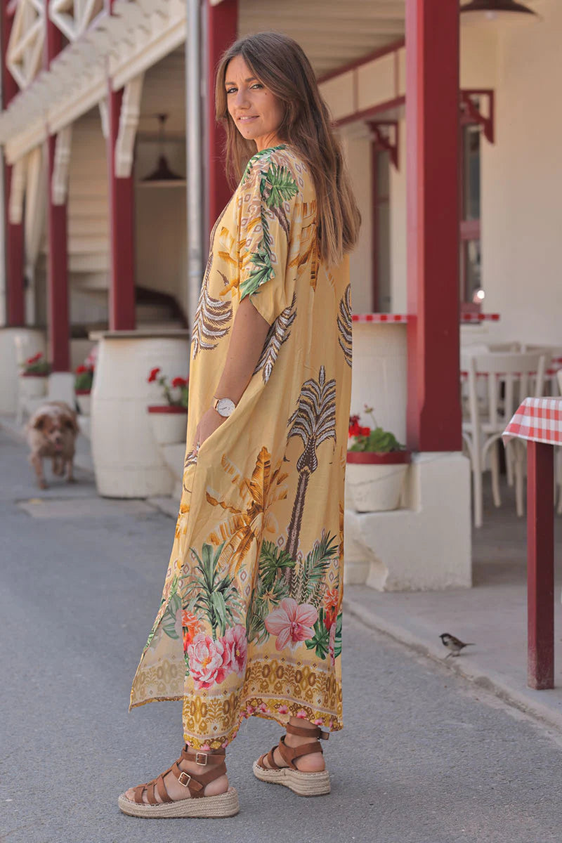 Yellow Polynesian Palms V-Neck Caftan