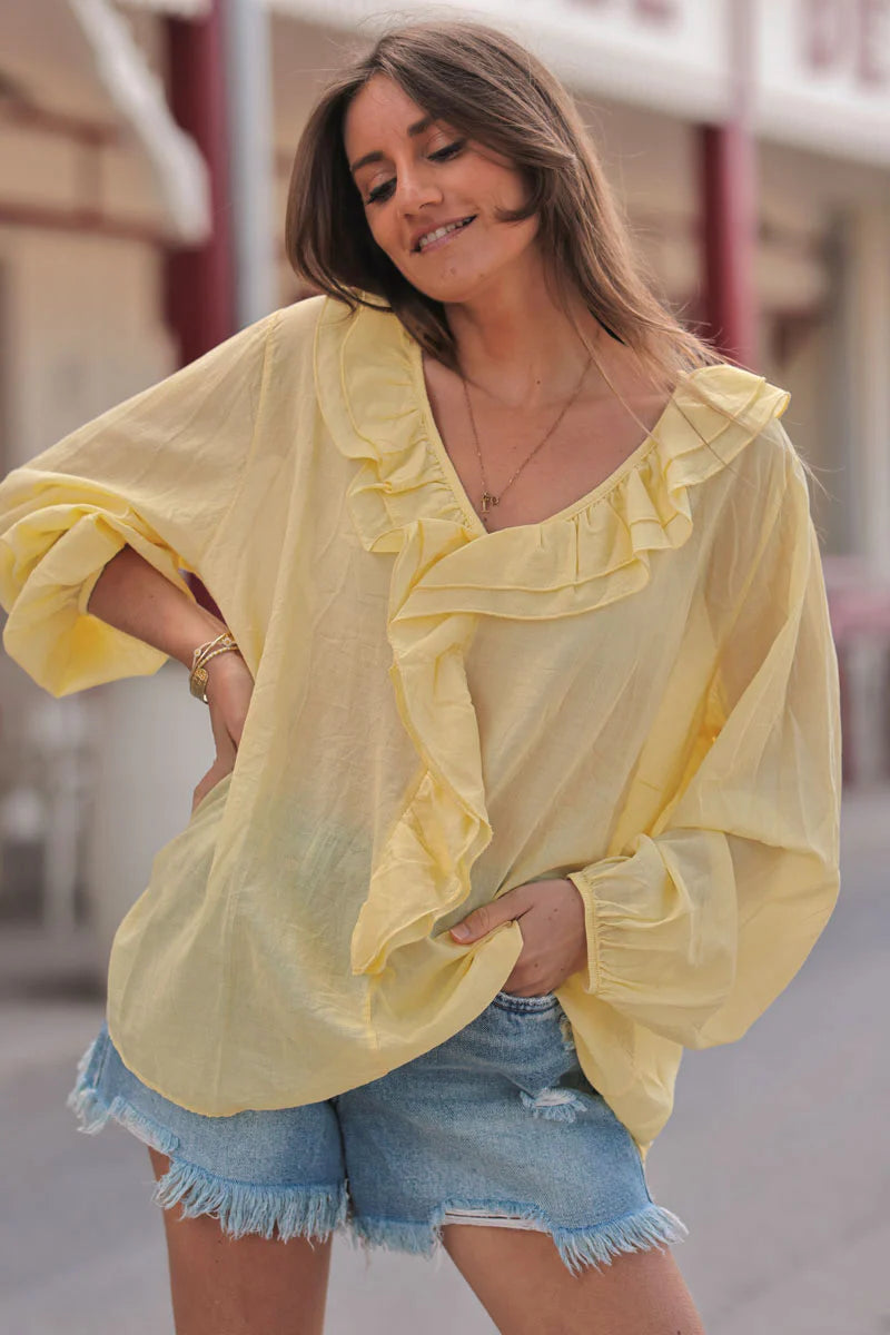 Yellow Ruffled V-Neck Long-Sleeve Blouse