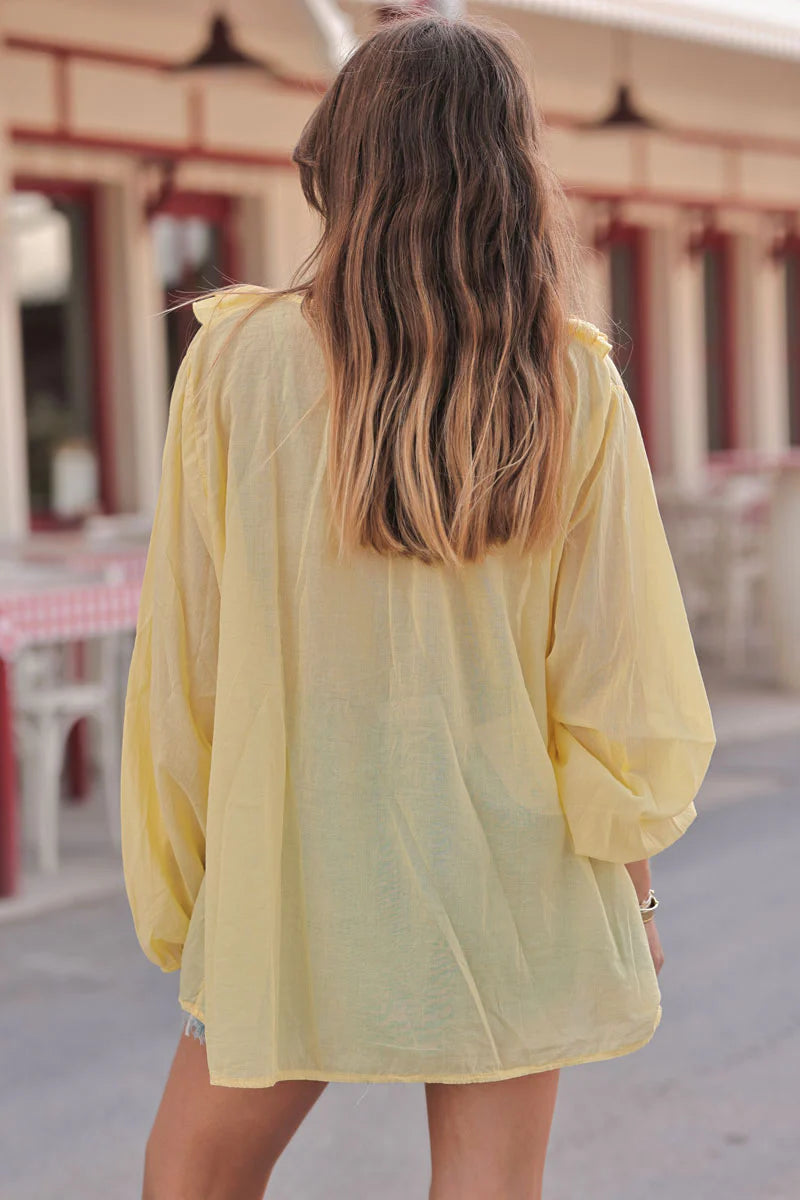 Yellow Ruffled V-Neck Long-Sleeve Blouse