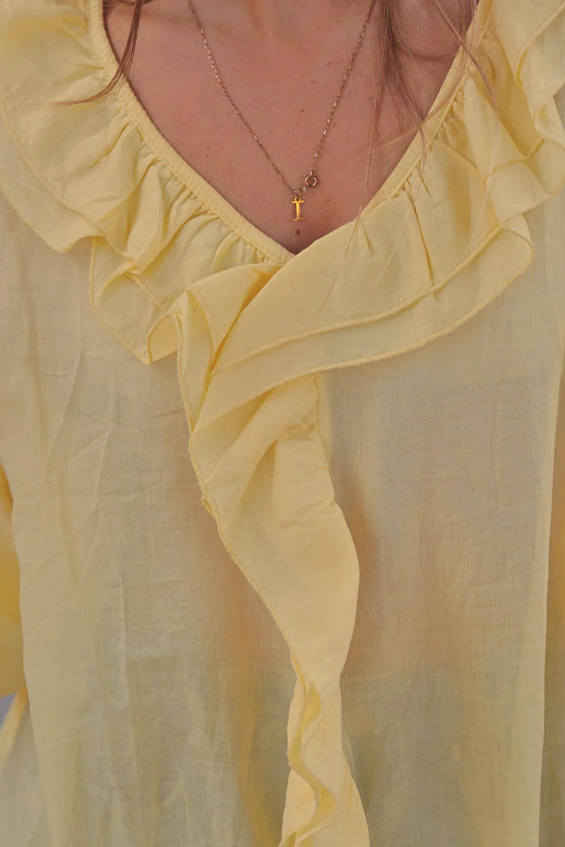 Yellow Ruffled V-Neck Long-Sleeve Blouse