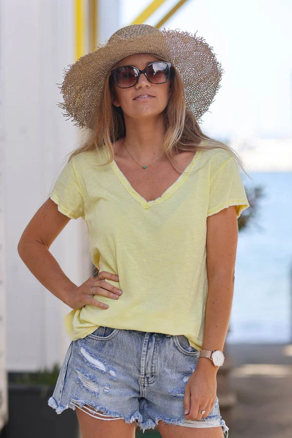 Yellow Stretch Cotton T-Shirt with Raw Hems