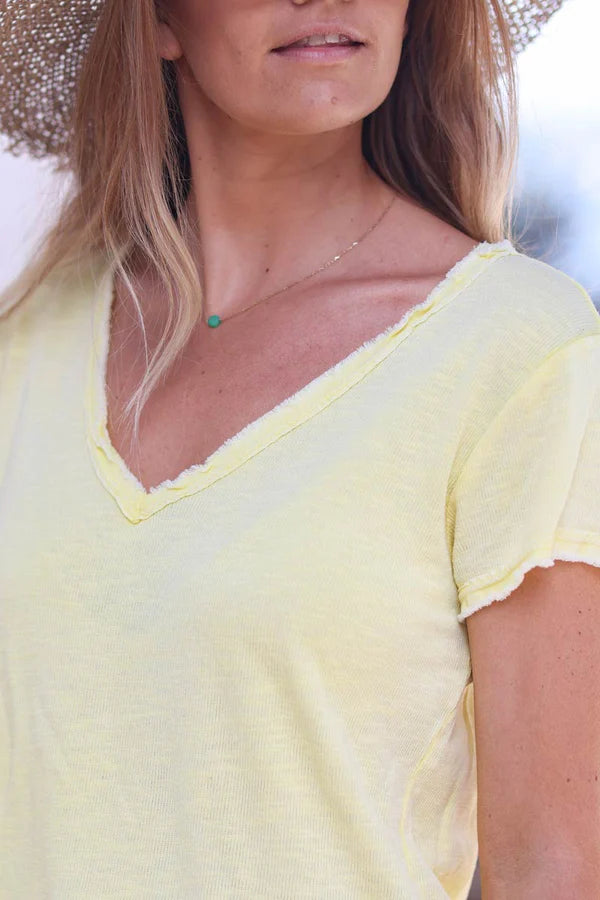 Yellow Stretch Cotton T-Shirt with Raw Hems