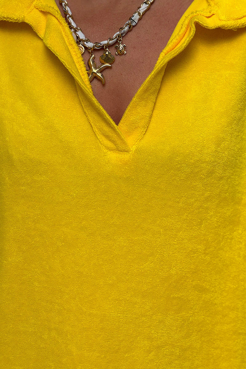 Yellow Terry Cloth Collared V-Neck Dress