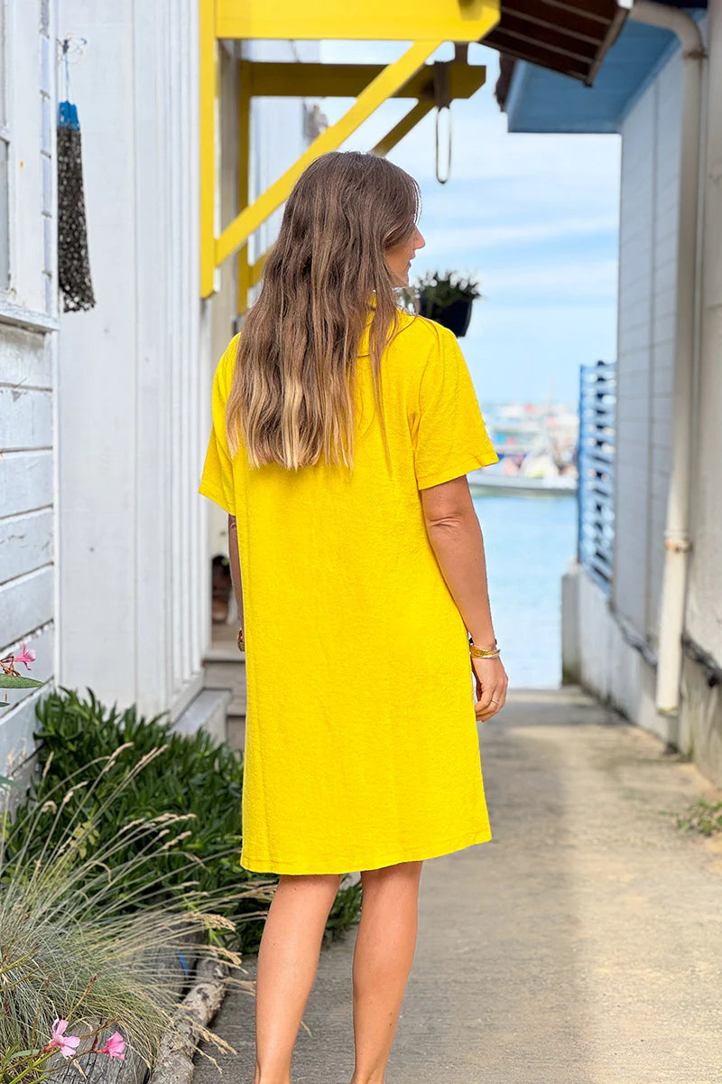 Yellow Terry Cloth Collared V-Neck Dress