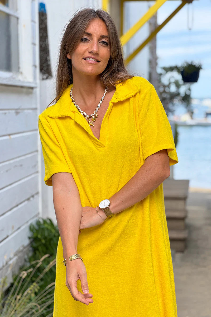 Yellow Terry Cloth Collared V-Neck Dress