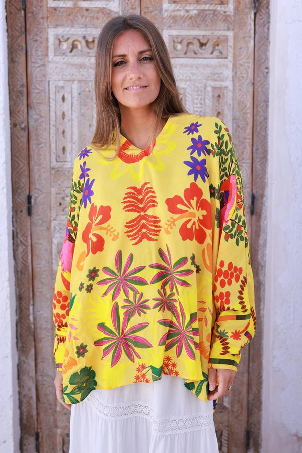Yellow Tropical Hibiscus Print Tunic
