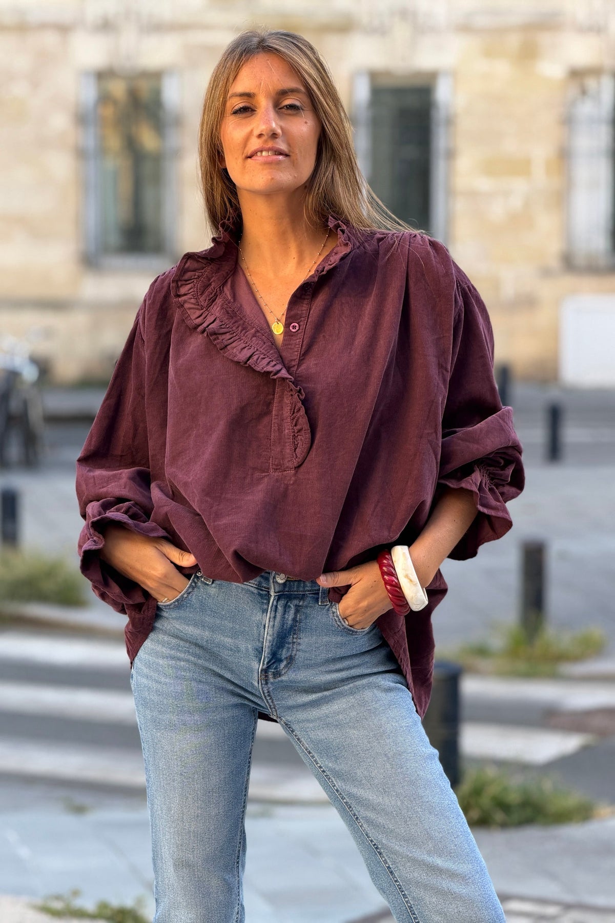 Aubergine Corduroy Ruffle Neck Peasant Blouse