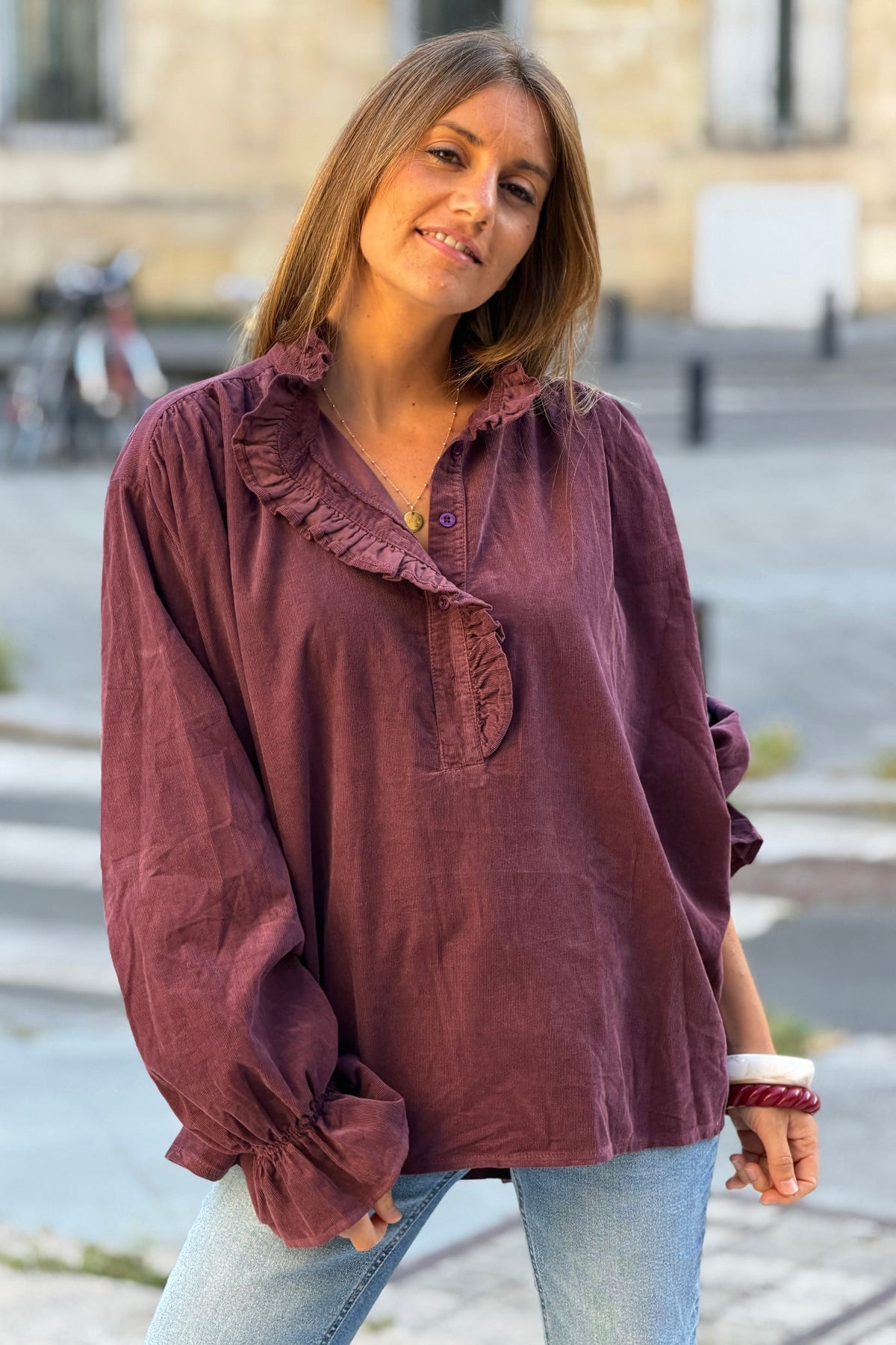 Aubergine Corduroy Ruffle Neck Peasant Blouse