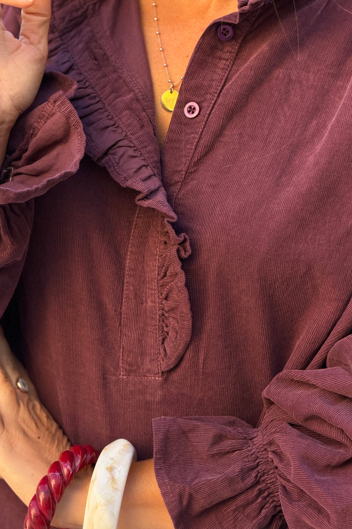 Aubergine Corduroy Ruffle Neck Peasant Blouse